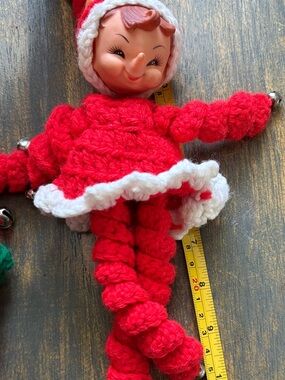 Red Vintage hand Crochet Elf Couple with White Trim - Holiday 
About 11” tall